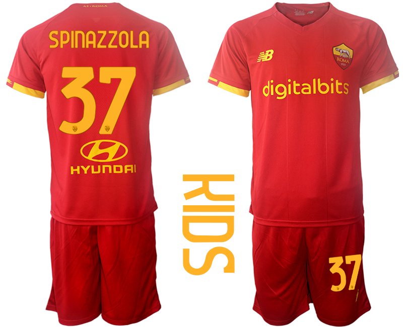 Youth 2021-2022 Club AS Roma home red #37 Soccer Jersey->youth soccer jersey->Youth Jersey